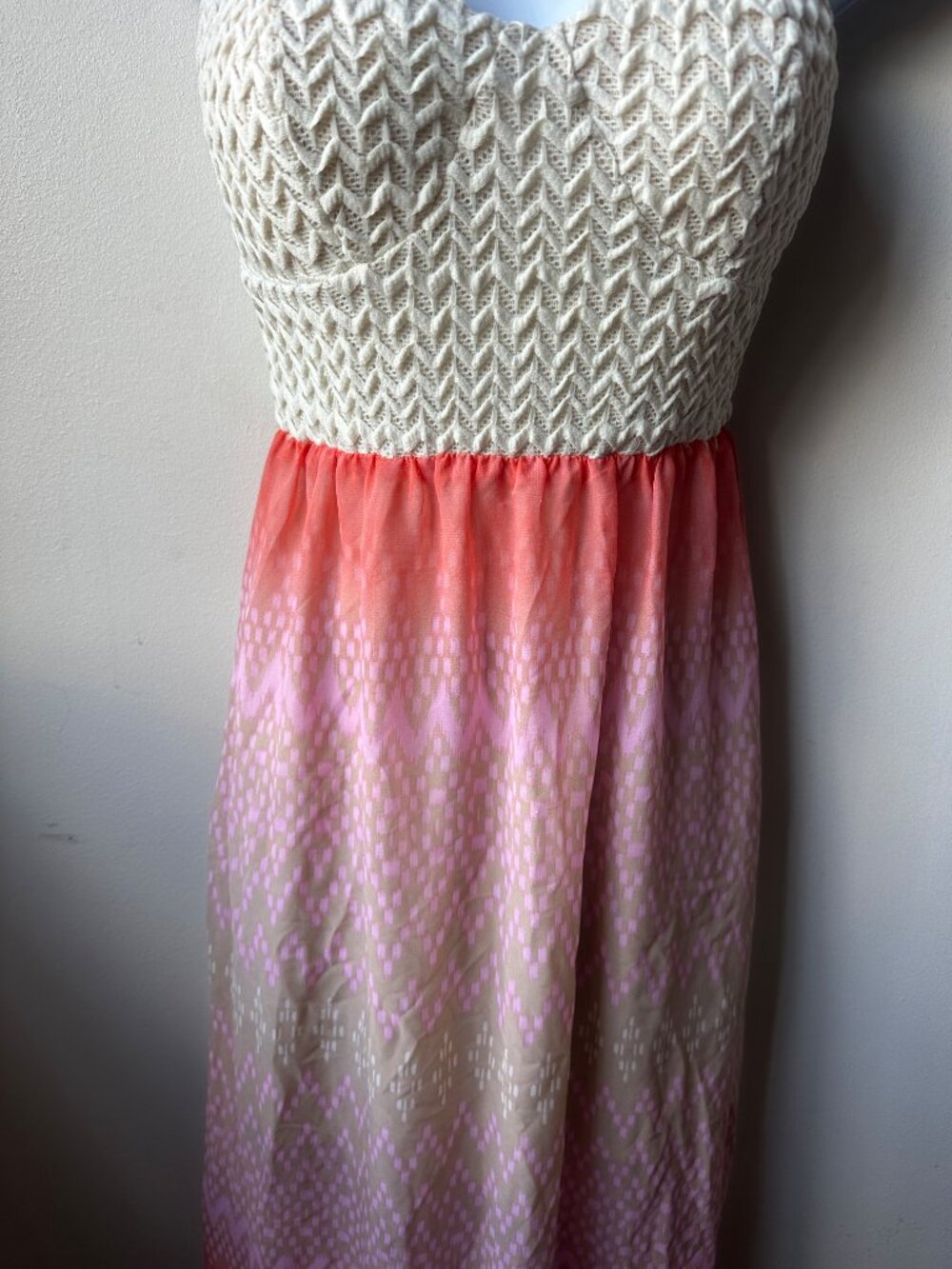 Ombre Chevron Maxi Dress Coral Pink Lilac Crochet Bodice Cutout Back Women's M